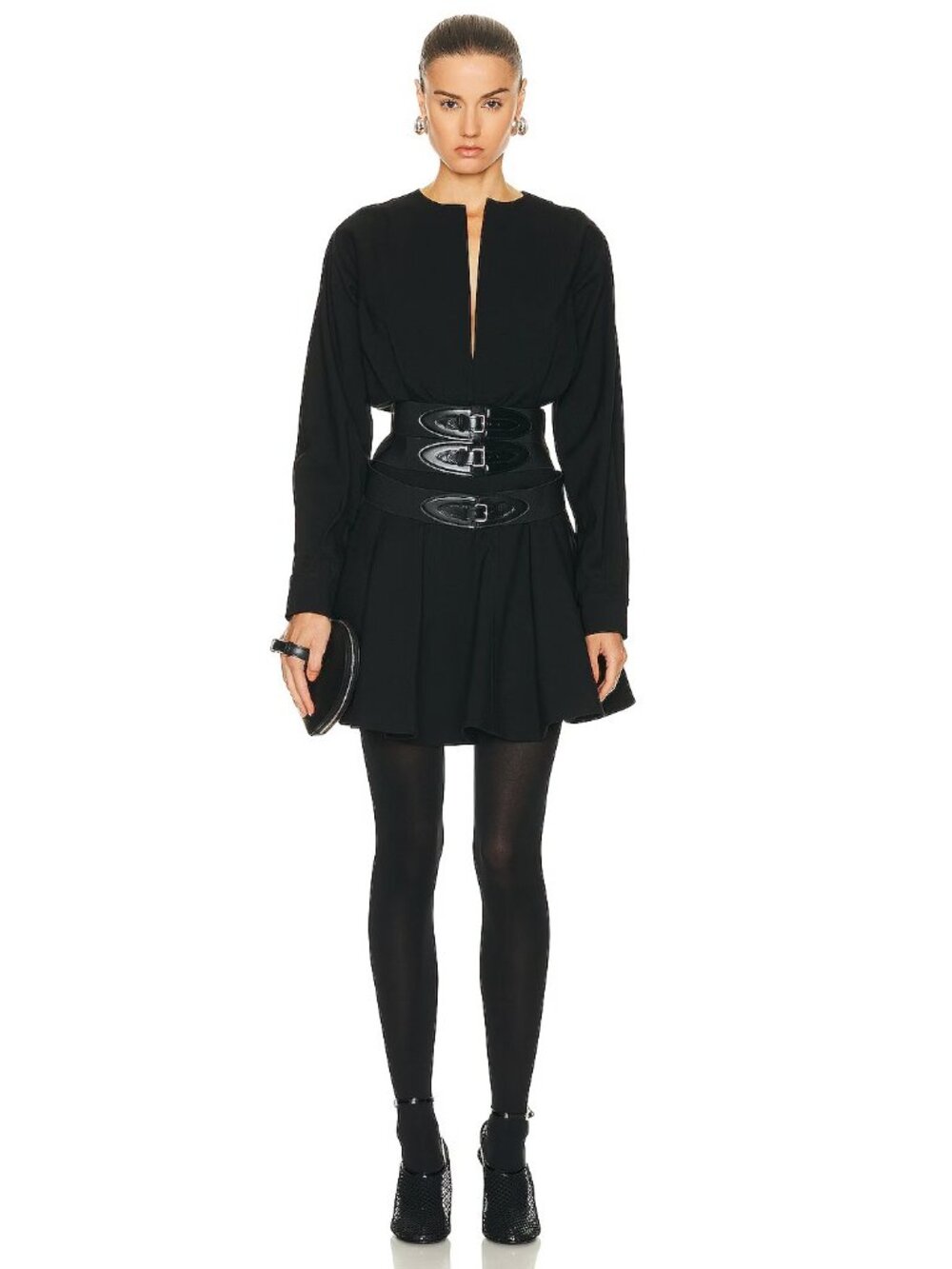 ALAIA Long Sleeve Buckle Dress in Noir Black